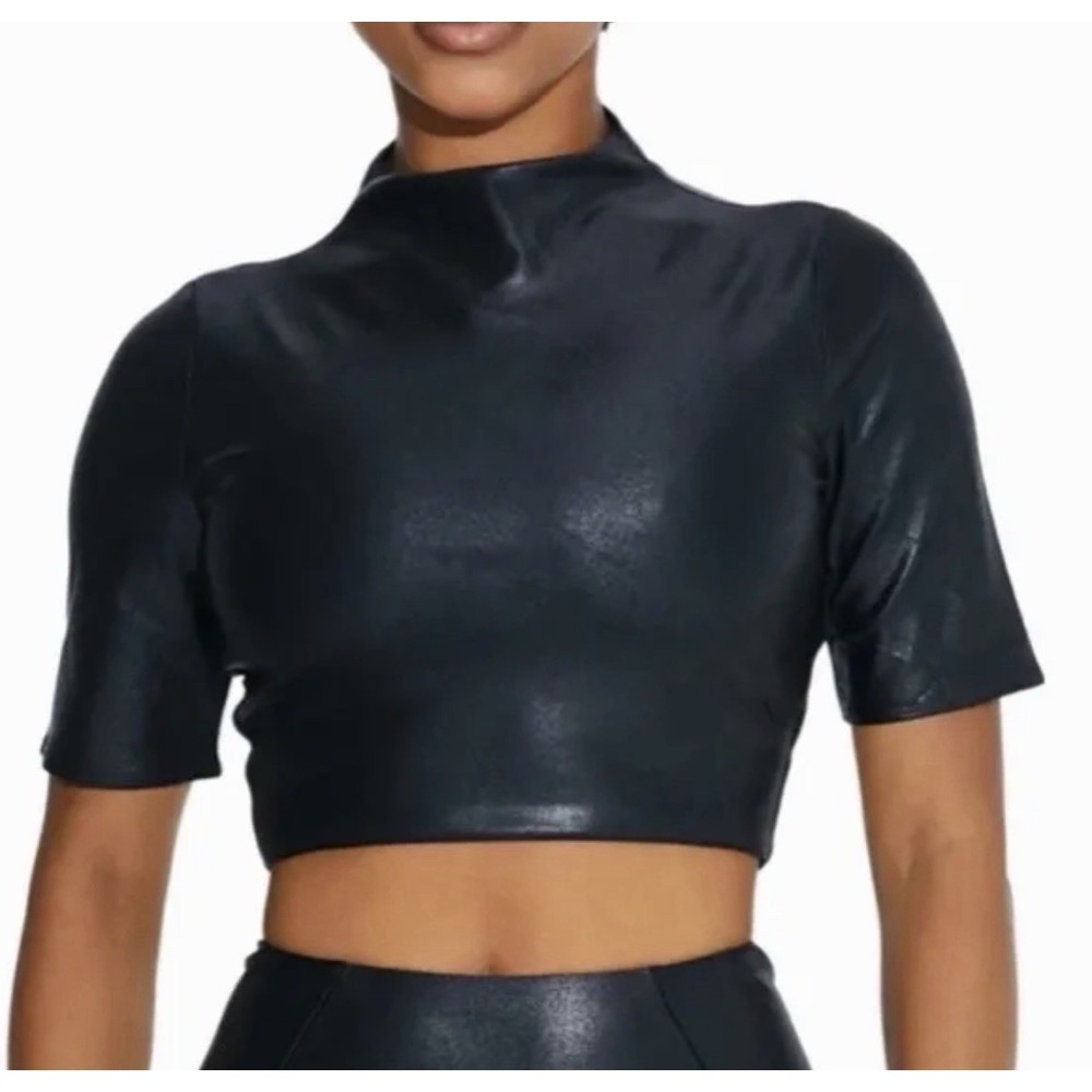 Naked Wardrobe Black Faux Leather Mock Neck Short Sleeve Top Sz M Going Out New